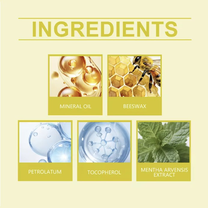 Mineral oil, beeswax, petrolatum, vitamin E, field mint