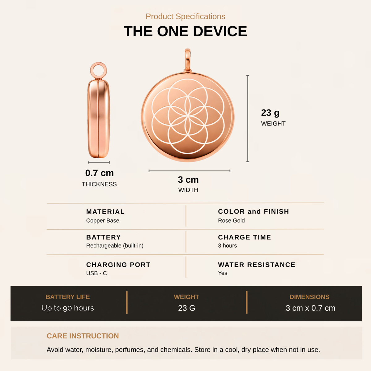 Rose Gold Wearable Wellness Pendant with Light & Sound