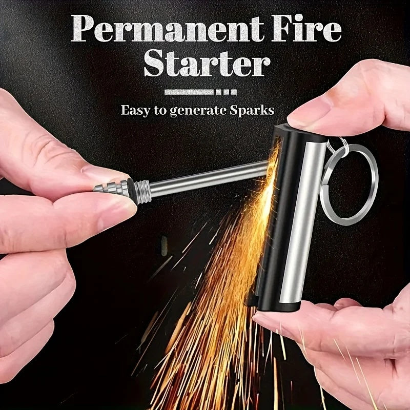 Permanent fire starter keychain throwing sparks