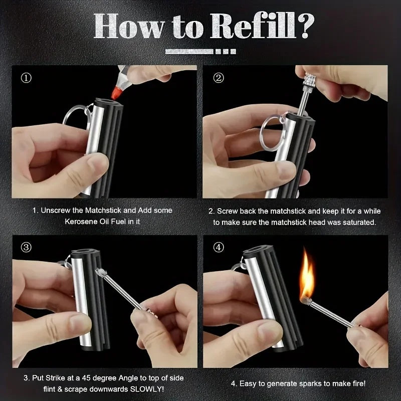 Fire starter parts: container, striker, wick and sealing ring