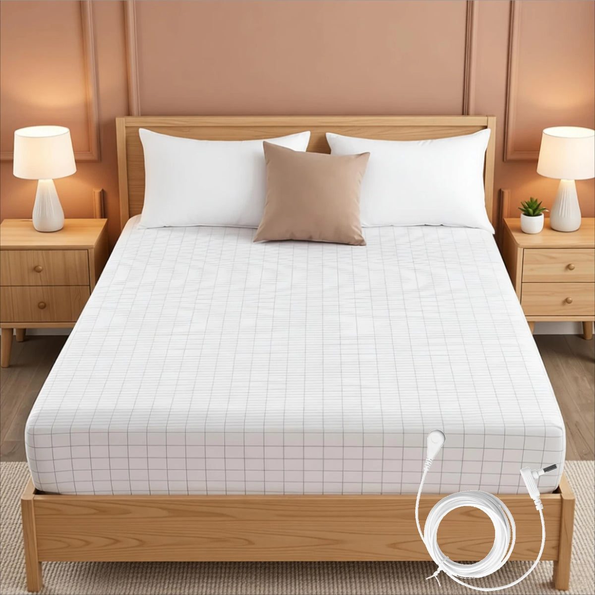 Grounding fitted sheet on a bed with grounding cord