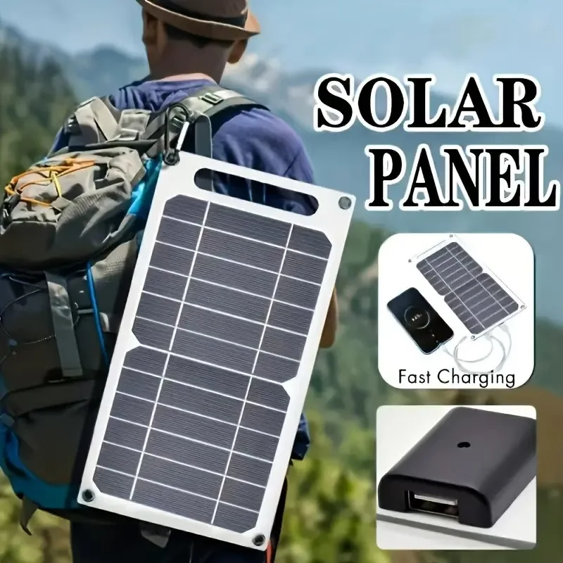 Solar panel charging a phone while hiking
